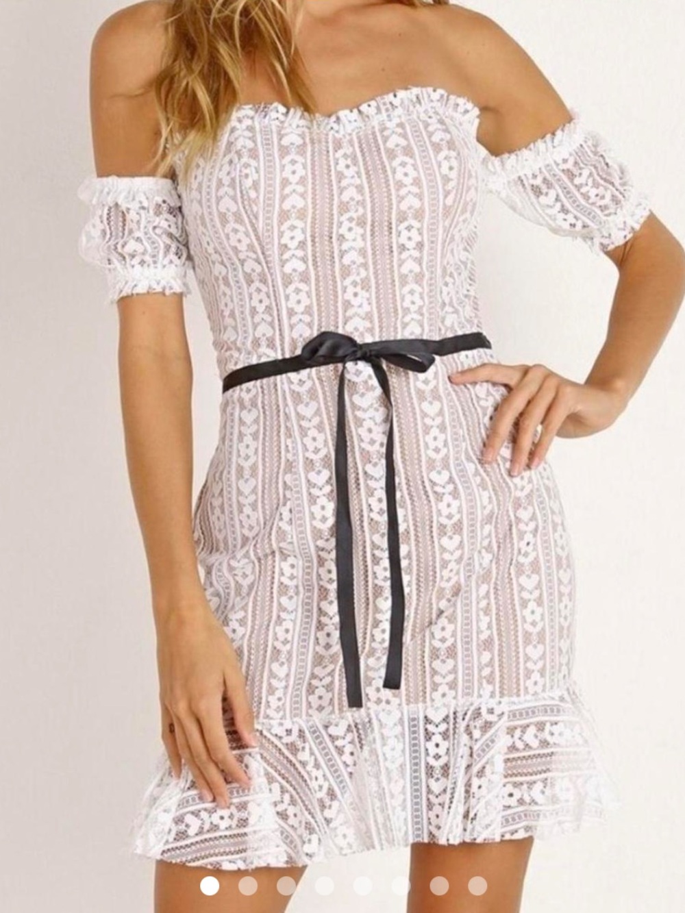 For Love And Lemons White Lace Off-Shoulder Mini Dress with Black Belt